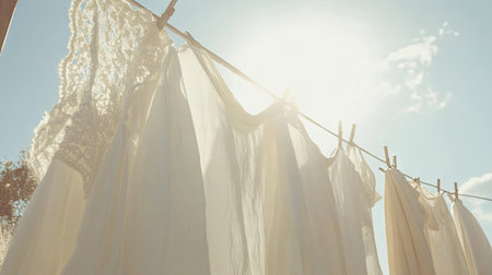Freshly washed white garments hanging on a washing line under a bright, open sky, with sunlight casting soft shadows and highlighting the fabricの素材