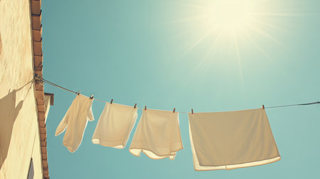 White towels and clothes swaying on a washing line under a cloudless sky, bathed in sunlight, representing a simple, fresh outdoor lifestyleの素材