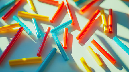 Close-up shot of bright, colorful drinking straws scattered across a clean surface.の素材