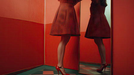 A woman standing by a full-length mirror, adjusting the buckle of her stylish heels.の素材