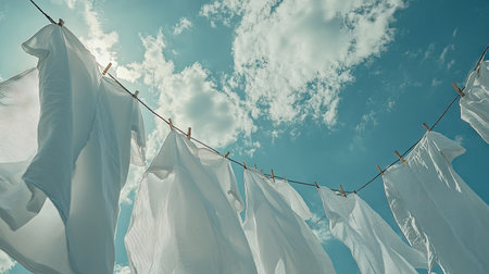 White garments like shirts and sheets hanging on a washing line, blowing in the breeze with a picturesque sky above, evoking a feeling of freshnessの素材