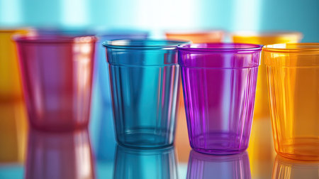 Multiple plastic cups of different colors isolated on a background, perfect for product display.の素材