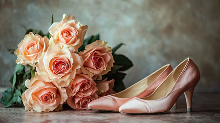 Ballet shoes placed beside a bouquet of roses, symbolizing the grace of performance.の素材