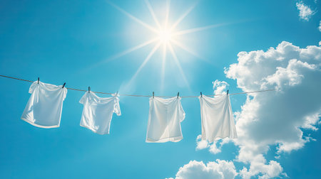 White shirts and linens hanging on a washing line, with fluffy clouds in the background and the sun shining brightly overheadの素材
