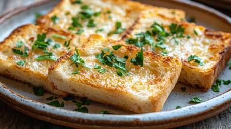 Crispy garlic bread with a golden crust, topped with fresh parsley on a handmade ceramic plate.の素材