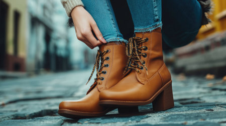 A woman adjusting the laces of her chic high-heeled boots before stepping outside.の素材