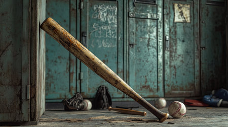 A wooden baseball bat snapped in half, leaning against a weathered locker, with sports equipment scattered in the backgroundの素材