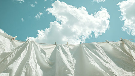 White laundry drying on a clothesline under a blue sky, the fabric gently moving in the wind, evoking a feeling of cleanliness and freshnessの素材