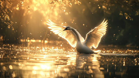 A white goose flapping its wings proudly near a tranquil pond, with ripples forming on the water's surface and soft golden light illuminating the sceneの素材