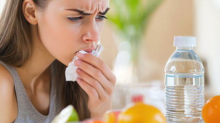 A young woman coughing into her hand while sitting at home, surrounded by cold remedies, tissues, and a water bottle, clearly feeling sickの素材