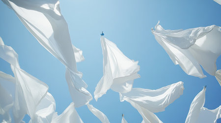 White clothes fluttering in the breeze on a washing line, with a clear blue sky in the background, creating a fresh, airy atmosphereの素材