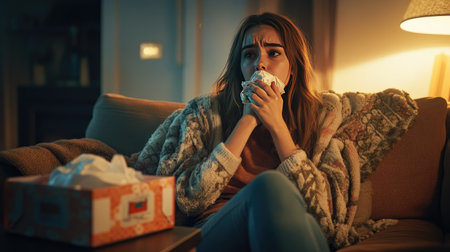 A young woman sitting on the couch, holding her chest while coughing, looking exhausted and unwell, with a box of tissues and a blanket nearbyの素材