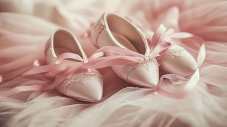 Ballet shoes with ribbons neatly arranged on a tutu, showcasing the delicate textures.の素材
