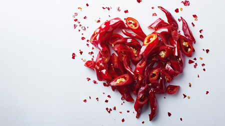 Multiple slices of red chili peppers forming a heart shape on a clean white surface.の素材