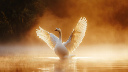 A white goose flapping its wings in the early morning mist near a calm pond, with soft sunlight breaking through the fog and casting a dreamy glowの素材