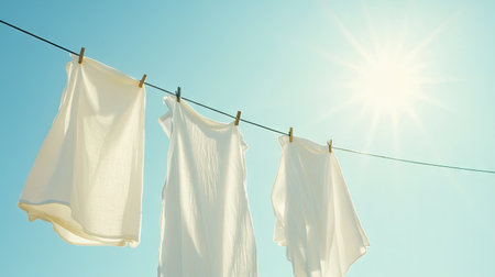 White bed linens hanging on a washing line, with the sun shining brightly on a clear sky, giving a sense of freshness and cleanliness to the sceneの素材