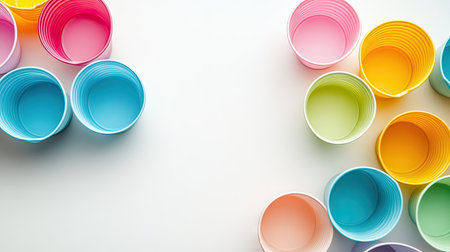 Colorful plastic cups in shades of pink, blue, green, and yellow, arranged creatively on a white surface.の素材