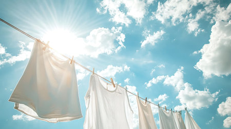 White shirts and linens hanging on a washing line, with fluffy clouds in the background and the sun shining brightly overheadの素材
