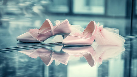 Elegant pink ballet slippers resting on a mirror, creating a dreamy reflection.の素材