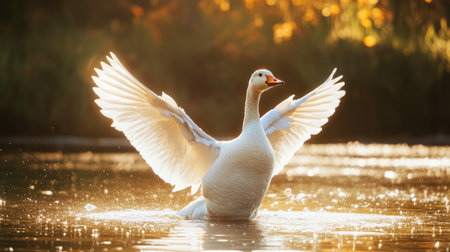 A white goose flapping its wings in excitement near a calm pond, with the water gently rippling and sunlight casting a warm glow on the sceneの素材