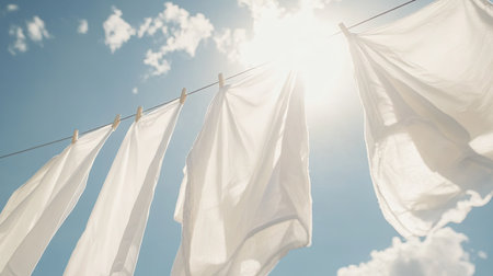 Close-up of white clothes hung on a washing line, billowing in the wind against a clear, sunny sky with a natural, peaceful ambianceの素材
