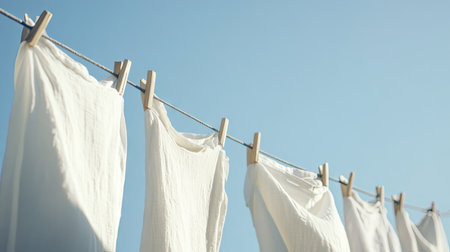 White garments hanging on a washing line against a clear sky, the breeze causing them to sway gently, creating an idyllic, natural atmosphereの素材
