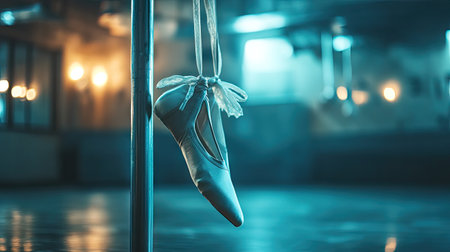 Worn ballet slippers tied together, hanging gracefully from a barre in a dimly lit studio.の素材