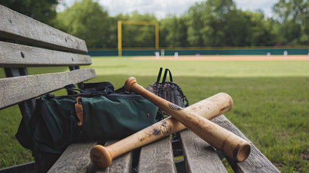 A wooden bat separated into two pieces, laying on an outdoor bench surrounded by sports equipment and a green field in the backgroundの素材