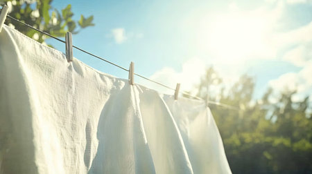 White bed linens hanging on a washing line, with the sun shining brightly on a clear sky, giving a sense of freshness and cleanliness to the sceneの素材