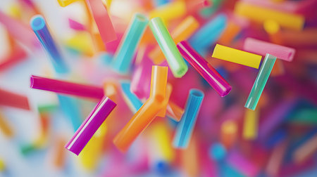 Close-up shot of bright, colorful drinking straws scattered across a clean surface.の素材