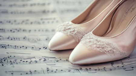 Pointe shoes resting on a sheet of music, blending the beauty of dance and melody.の素材