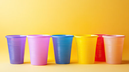 Multiple plastic cups of different colors isolated on a background, perfect for product display.の素材