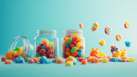 A set of transparent jars with colorful candies spilling out, featuring sweets like caramel, lollipops, and gummy bears, isolated on a plain background.の素材
