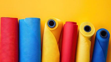 A set of vibrant cotton fabric rolls in bold primary colors like red, blue, and yellow, isolated against a clean background.の素材