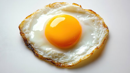 A single fried egg with a perfectly round yolk, simple yet deliciously presented on a clean white surface.の素材