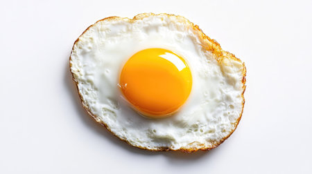 A single, perfectly cooked sunny-side-up egg, with a fully intact yolk, against a pure white background.の素材