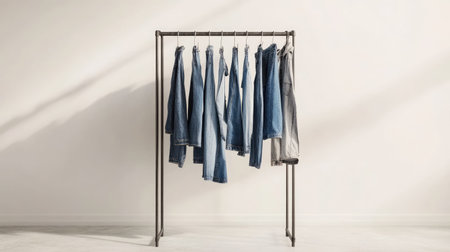 A sleek rack displaying an assortment of stylish blue jeans, with various washes and cuts, set against a light neutral background.の素材