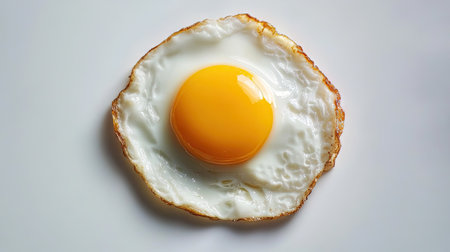 A single fried egg with a perfectly round yolk, simple yet deliciously presented on a clean white surface.の素材
