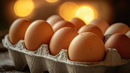 A soft-lit image of a carton of eggs with a warm, earthy-toned background creating a cozy farmhouse feel.の素材