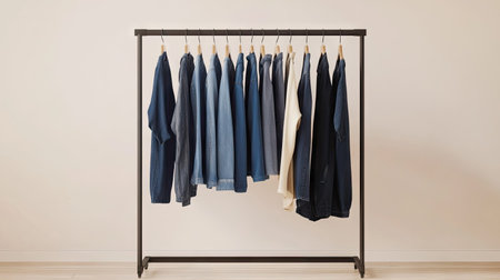 A sleek rack displaying an assortment of stylish blue jeans, with various washes and cuts, set against a light neutral background.の素材