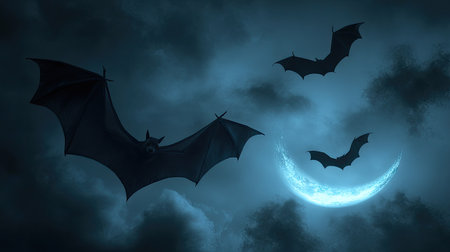 A spooky scene with several bats flying in the sky, their wings fluttering against a dark sky lit by a crescent moon.の素材
