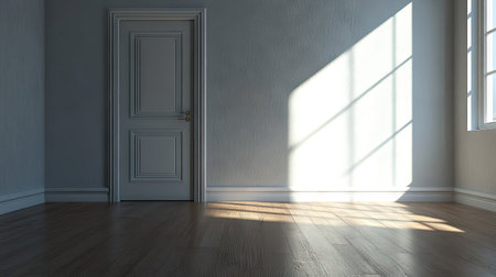A single ray of bright sunlight shining through the door, creating a bright and airy vibe in an empty room.の素材