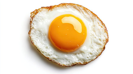 A single, perfectly cooked sunny-side-up egg, with a fully intact yolk, against a pure white background.の素材
