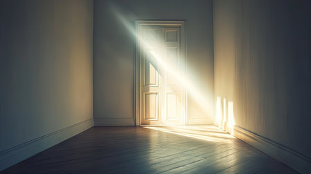 A single ray of bright sunlight shining through the door, creating a bright and airy vibe in an empty room.の素材