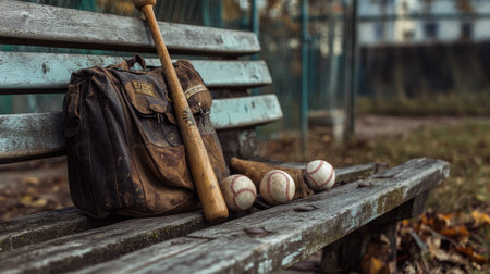 A broken wooden baseball bat placed on an old wooden bench, with a vintage sports bag and faded baseballs nearbyの素材