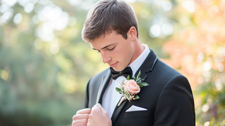 A candid shot of a groom looking at his boutonniere with a thoughtful expression.の素材