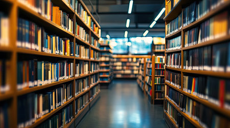 A softly blurred view of a large bookstore, with endless rows of books and a peaceful ambiance.の素材