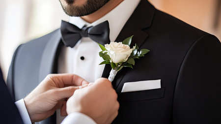 A best man fastening a boutonniere onto the groom's tuxedo, capturing a heartfelt moment.の素材