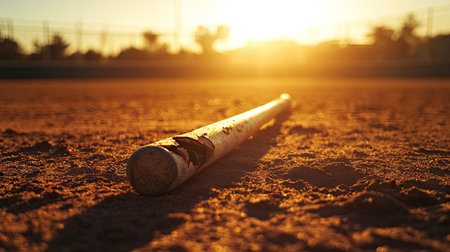 A baseball bat cracked in half, resting on a baseball field's dirt surface, with the sun setting in the backgroundの素材