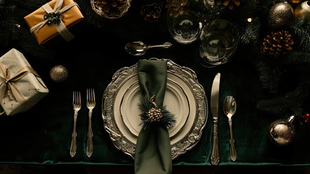 A sophisticated holiday dinner setup with a dark green velvet tablecloth, silverware, and beautifully wrapped presents on the table.の素材